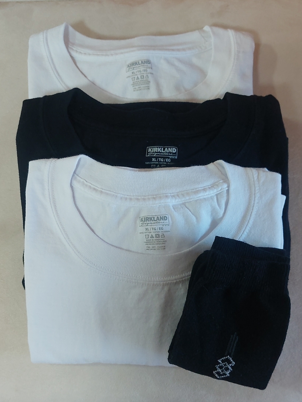 Kirkland Signature White & Black Short Sleeve  Tees - 3 Pack + FREE Pair socks.
